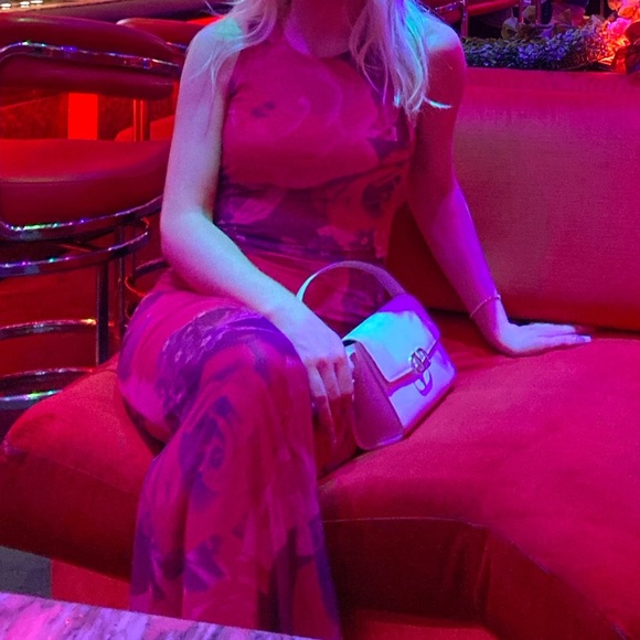 Pink Floral Maxi Dress (M) | sheer, purple, sleeveless, mermaid, flared, barbie - Picture 4 of 10